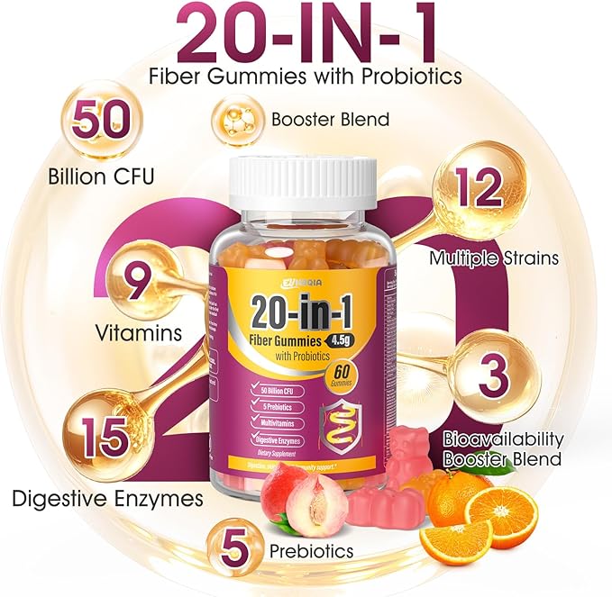 Fiber Gummies for Adults Fiber Supplement 4.5g 20-in-1 Probiotic Gummies Inulin Prebiotic psyllium Husk Powder Organic Supplement, Support for Gut Digestive Health, 60-Count, Orange & Peach