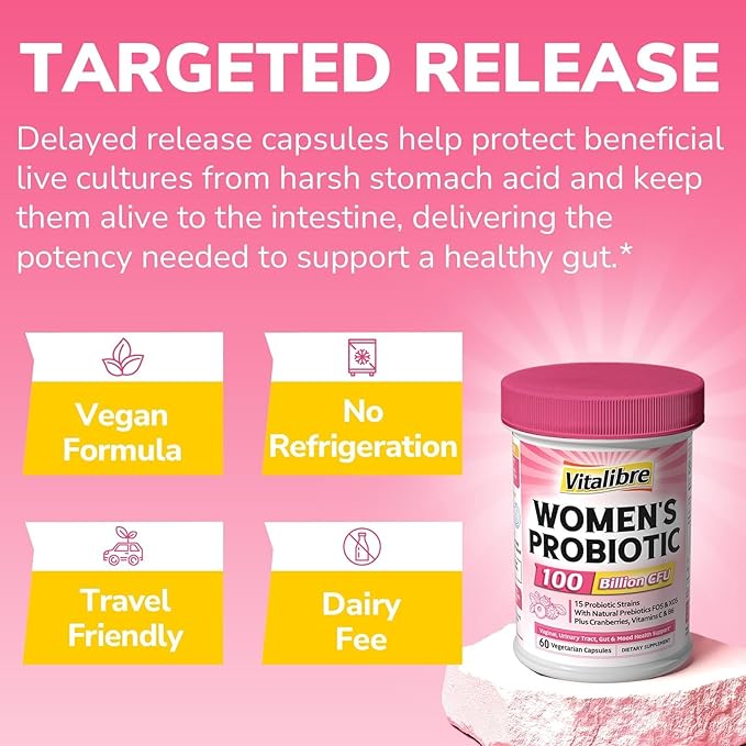 Probiotics for Women 100 Billion CFU 15 Strains, DailyProbiotic & Prebiotic Supplement with Organic Cranberry to SupportVaginal, Digestive, Immune Health, Shelf Stable, 60 Vegan Capsules