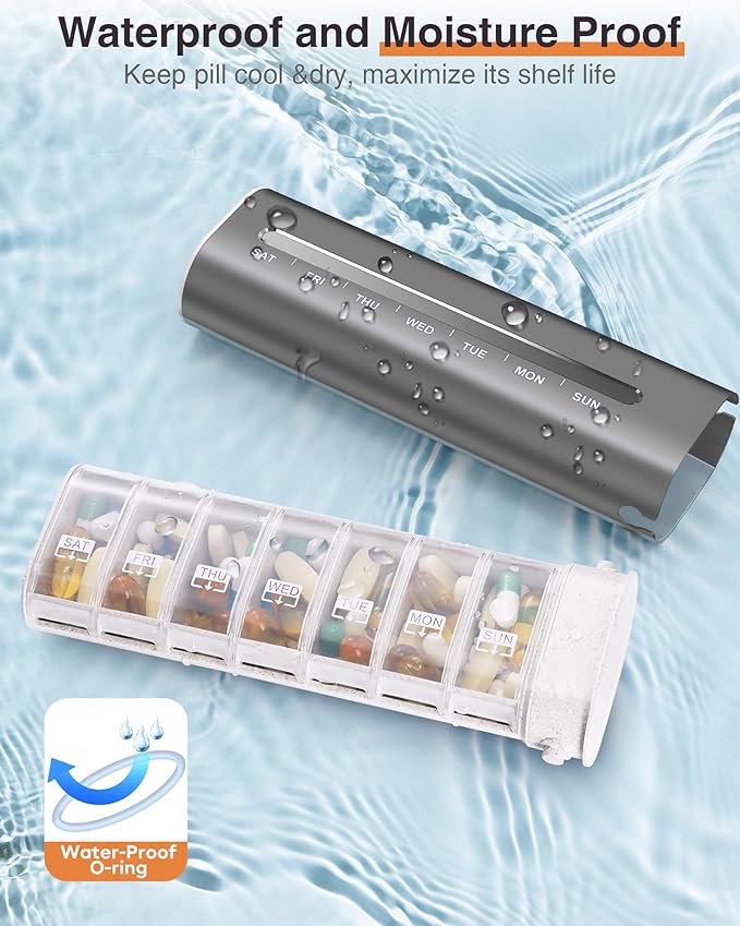 Zannaki Aluminum 7 Day Weekly Pill Organizer, Portable Travel Pill Case with Three Layer Seal, Large Capacity Cute Daily Pill Box, Pill Holder Container for Vitamins, Pills, Supplements and Medication