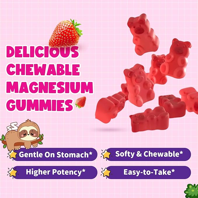 Magnesium Gummies for Kids - Magnesium Glycinate Gummies with Vitamin D3, B6, Potassium & Ashwagandha, Magnesium for Kids & Adults Relaxation, Sleep, Brain & Bone Health - Strawberry 60ct (2 Pack)