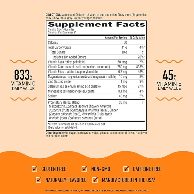 Airborne 750mg Vitamin C Immune Support Supplement Gummies for Adults, Zesty Orange Flavor, Gluten Free Crafted Blend with Powerful Antioxidants Vitamins A C & E, 63 Gummies (3 Pack)