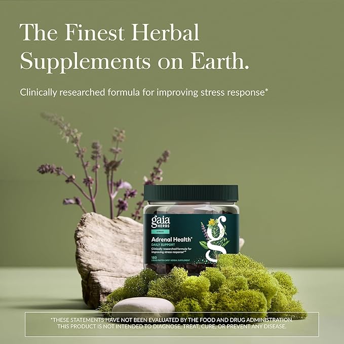 Gaia Herbs Adrenal Health Daily Support - Herbal Supplement with Ashwagandha, Holy Basil & Schisandra - Help Maintain Healthy Energy & Stress Levels* - 180 Vegan Liquid Phyto-Caps (90 Servings)