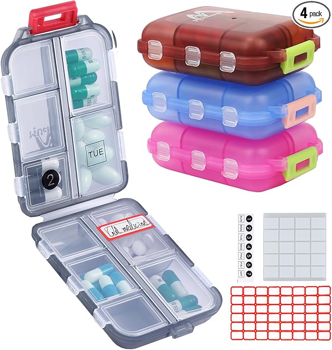4PS Travel Pill Organizer with 164 Slice Labels，10 Compartments Travel Pill Box Portable Folding Small Pill Case Daily Pill Container Used for Carry Storage Medicine Organizer By M MUchengbao