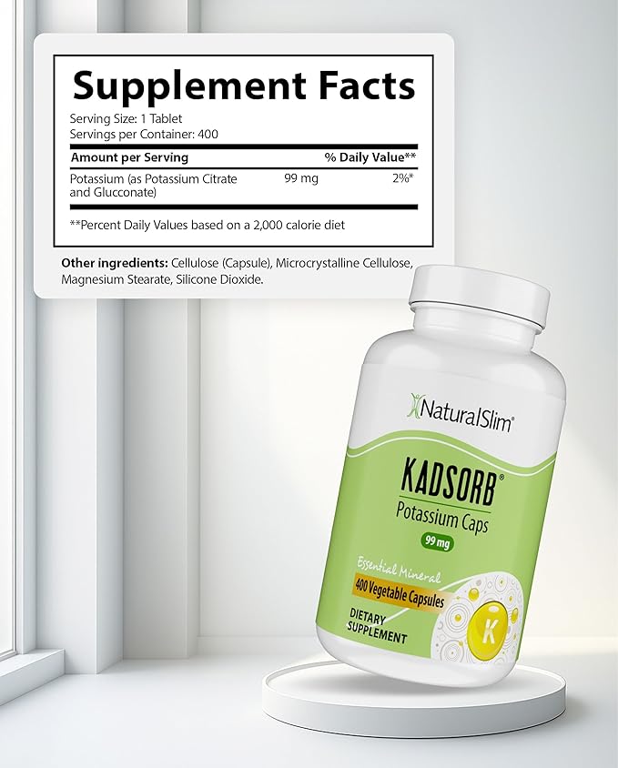 NaturalSlim Natural Potassium Citrate Gluconate 99 mg - Kadsorb Supports Electrolyte Balance & Normal pH - Absorbable Potassium Supplements with Essential Minerals - Non GMO 400 Capsules 2 Pack