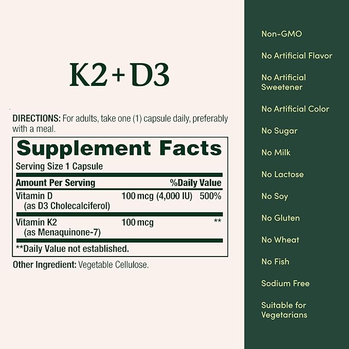Nature's Bounty Vitamin D3 K2 Supplement, 4000 IU, D3 Plus 100 mcg of Vitamin K Supplements for Adults for Heart & Bone Health Support, 60 Day Supply, 60 Vegetarian Capsules (Pack of 3)