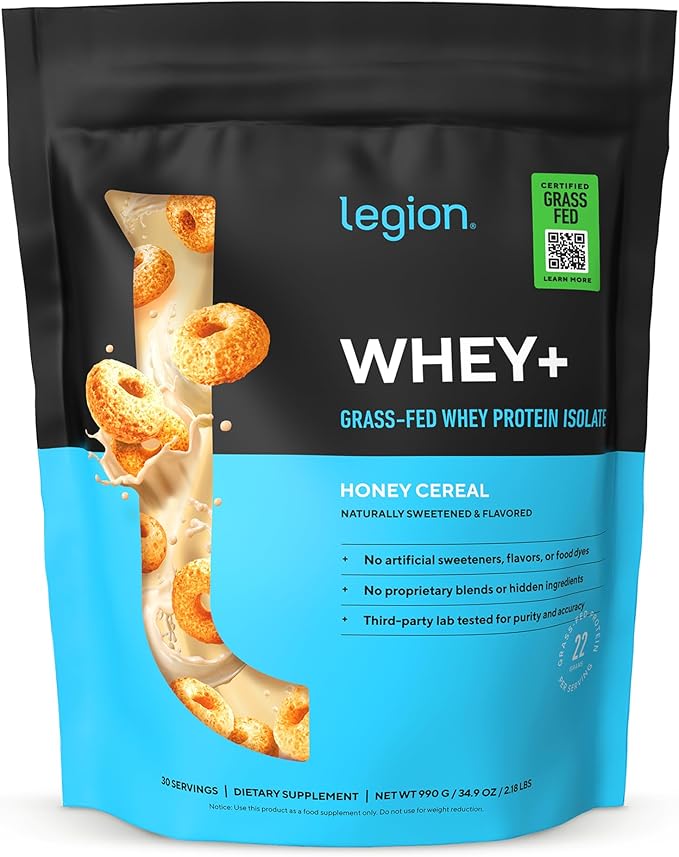 LEGION Whey+ Protein Whey Isolate from Grass Fed Cows (Honey Cereal, 30 Servings) - Whey Protein Isolate Powder Low Calorie, Non-GMO, Sugar Free, Lactose and Gluten Free, All Natural Protein Powder