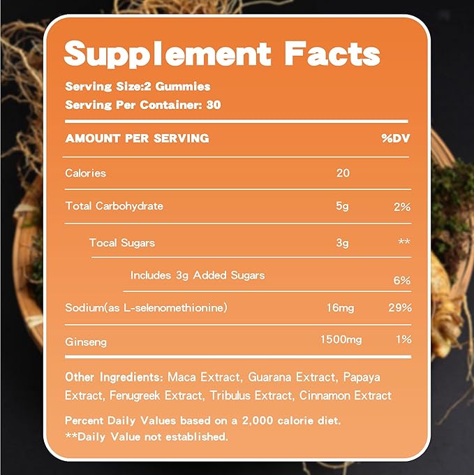 Panax Ginseng Gummies for Men and Women, 1500mg Ginseng Root Extract Boost Energy, Pectin-Based Mixed Berry Flavor Chews, 60 Count