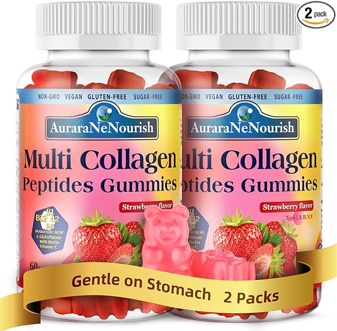2 Pack Multi Collagen Peptides Gummies, Sugar Free Hydrolyzed 5000mg Protein丨Type I,II,III,V,X with Biotin Hyaluronic Acid Vitamin C A D B6 B12 for Skin Hair Nail & Joint -Strawberry