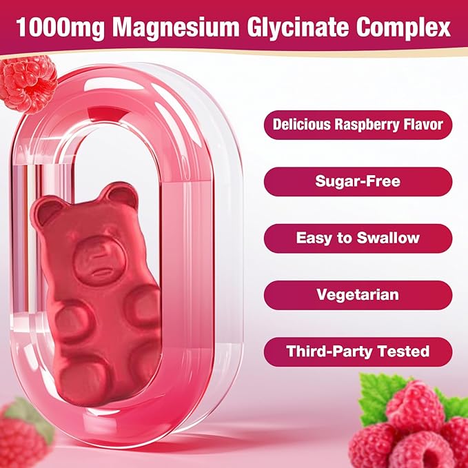 2 Pack Magnesium Glycinate Gummies 1000mg，Magnesium Gummies for Adults & Kids with L-Threonate, Magnesium Supplement for Relaxation, Calm, Sugar Free, Raspberry Flavor, 120 Count