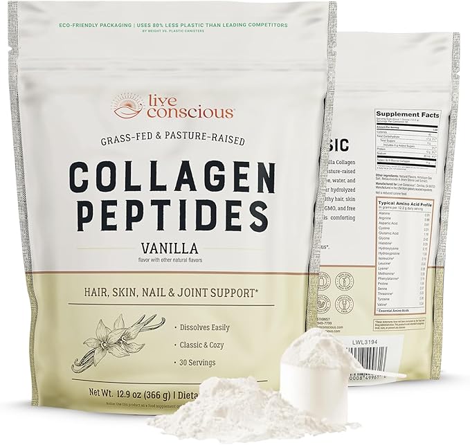 Live Conscious Collagen Peptides Powder - Vanilla Flavored Collagen Powder - Hair, Skin, Nail, & Joint Support - Type I & III Grass-Fed Collagen Supplements for Women and Men - 30 Servings - 13oz