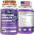 Calcium Citrate Gummies, 1200mg Chewable Calcium Supplement with Vitamin D3, K2, Magnesium & Zinc, Supports Energy and Immunity, High Absorption, Sugar-Free, Blueberry Flavor, 60 Count