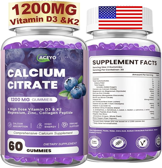 Calcium Citrate Gummies, 1200mg Chewable Calcium Supplement with Vitamin D3, K2, Magnesium & Zinc, Supports Energy and Immunity, High Absorption, Sugar-Free, Blueberry Flavor, 60 Count