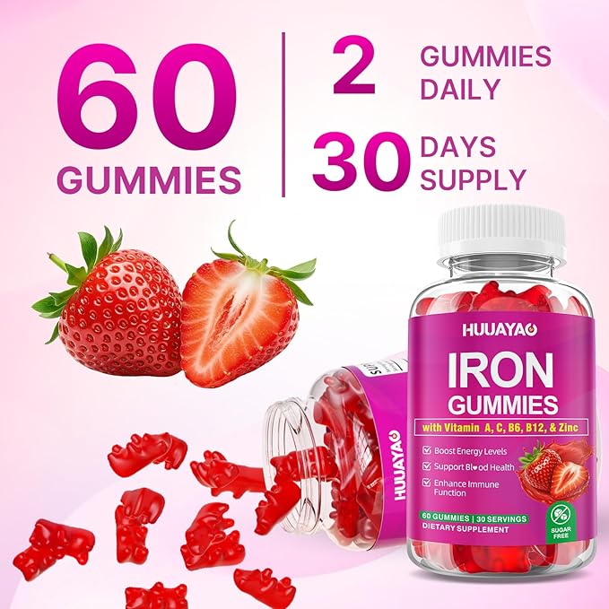 Iron Supplement Gummies for Women & Men, Vegan Iron Gummies with Vitamin C, A, B-Complex, Folate, Zinc for Blood Building & Energy Support, Strawberry Flavor, 120 Count