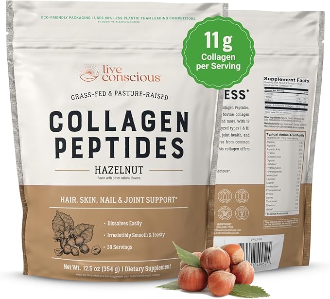 Live Conscious Collagen Peptides Powder - Hazelnut Flavored Collagen Powder - Hair, Skin, Nail, & Joint Support - Type I & III Grass-Fed Collagen Supplements for Women and Men - 30 Serving - 12.4oz