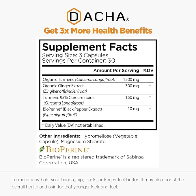 DACHA Tumeric Curcumin Supplement - 1500mg Joint Support Supplements Turmeric with Black Pepper Ginger 95% Curcuminoids Capsules
