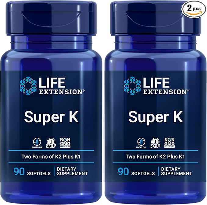 Life Extension Super K, Vitamin K Supplement, 2000 Mcg Vitamin-K and 1180 Mcg Vitamin K2, Heart Health, Once-Daily, 90 Softgels (Pack of 2)