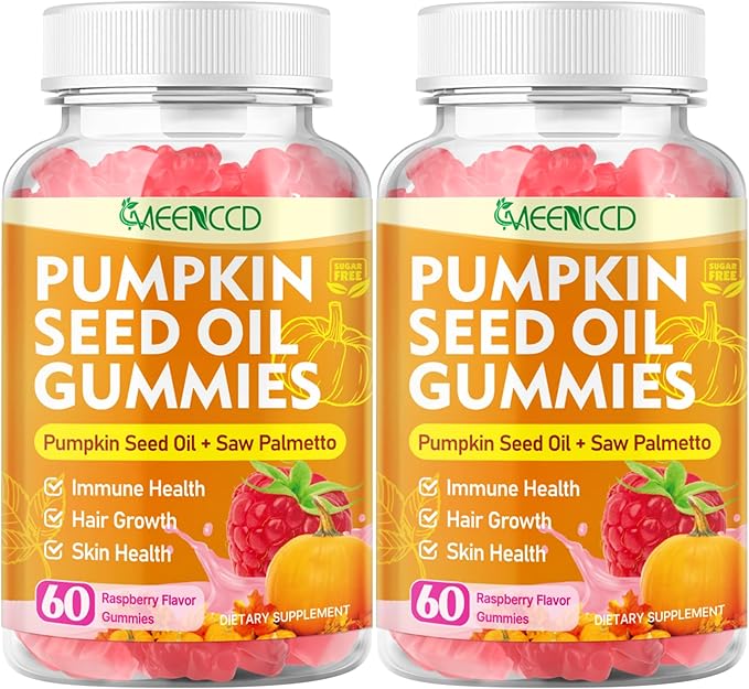 MEENCCD 2 Pack Pumpkin Seed Oil Gummies with Saw Palmetto, Pumpkin Seed Oil for Hair and Skin Health, Pumpkin Seed Extract for Women Men, Sugar-Free, Raspberry Flavor, 120 Count