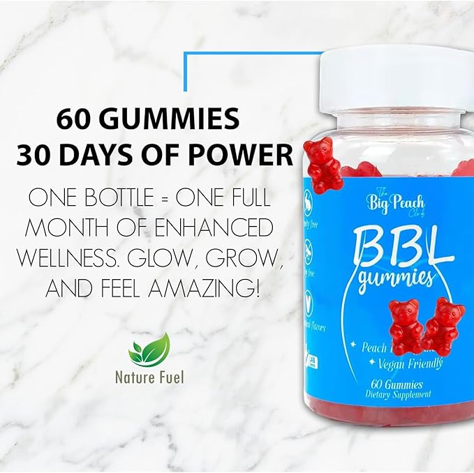 BBL Gummies for Women - Peach Growth Support with Collagen, Herbal Blend & Biotin, Fitness Multivitamins for Natural Curves, Confidence, Vegan & Cruelty Free - Natural Strawberry Flavor (60 Count)