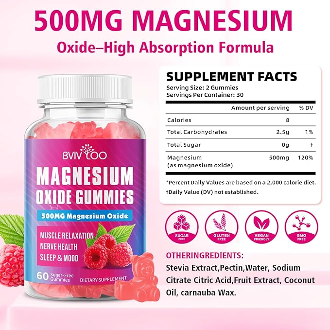 Magnesium Oxide 500mg Gummies for Vegan Sugar-Free Raspberry Flavor, Muscle Recovery, Nerve Health & Relaxation, 60 Gummies (Non-GMO, Gluten & Allergen Free)