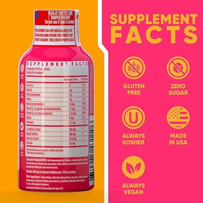 Vitamin Energy Immune+ Extra Strength Energy Shot Strawberry Twist 10 Pack, 260mg Natural Caffeine, B-Vitamins, Citicoline, Green Tea, Immunity & Focus Support, Zero Sugar, Gluten-Free 1.93 fl oz