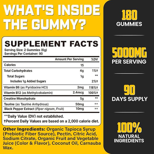 (180 Count) Creatine Monohydrate Gummies for Men & Women - Creatine Pre Workout Gummies for Muscle Builder, Muscle Strength, Recovery, Endurance, Energy, Creatine for Women & Men, Vegan, Mixed Berry