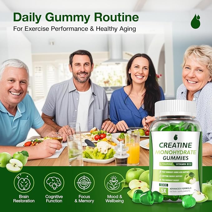 Creatine Gummies for Men & Women - Creatine Monohydrate Gummies 5g, Low Sugar Creatine Supplement for Muscle Builder, Energy Boost & Pre-Workout Supplement, Green Apple Flavor, 160 Gummies (2 Bottles)