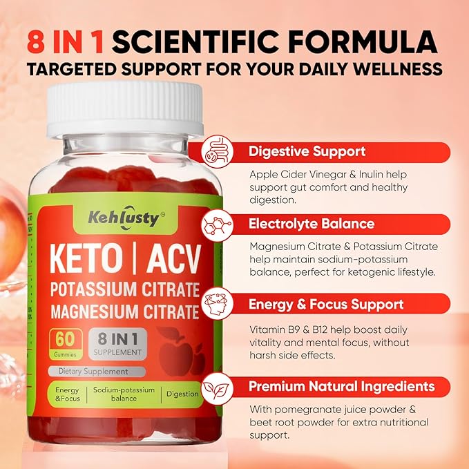 Keto ACV Gummies, 8-in-1 500mg Apple Cider Vinegar Supplement with Vitamin B12, Potassium & Magnesium Citrate, Beet Root & Pomegranate, Supports Healthy Digestion & Energy, 60 Gummies