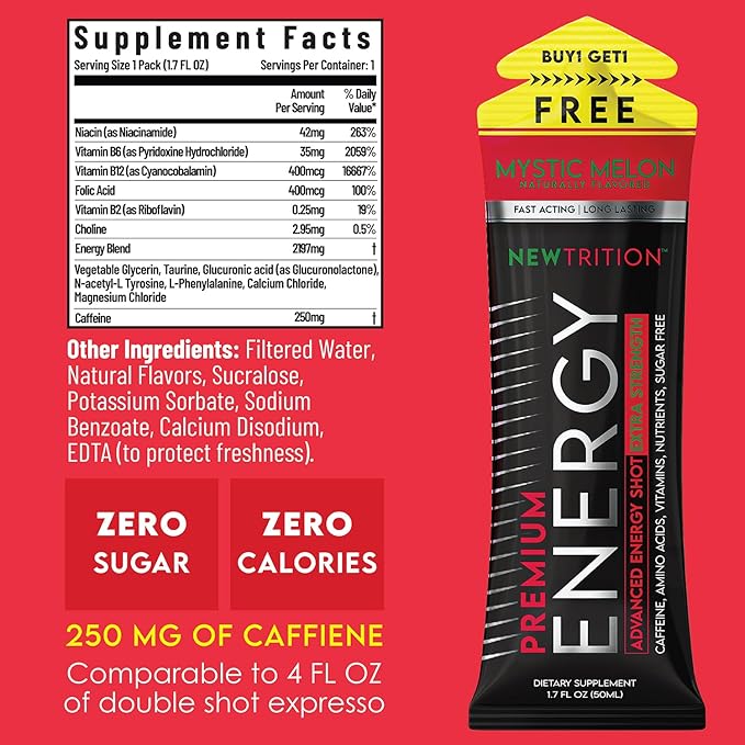 NewTrition® Extra Strength Energy Shots, 1.7 fl oz - 250mg Caffeine with Vitamin B & Amino Acids, Sugar-Free, Zero Calorie Vitamin Energy Drink for Focus & Endurance (Pack of 6, Mystic Melon)