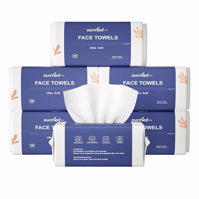 Ourmed Life Face Towels, Disposable Biodegradable Clean Facial Towels for Sensitive Skin, Lint- free Face Cloths for Makeup Remover, Skincare and Women Cleaning, Dry Wipes,600 Count Dot Texture