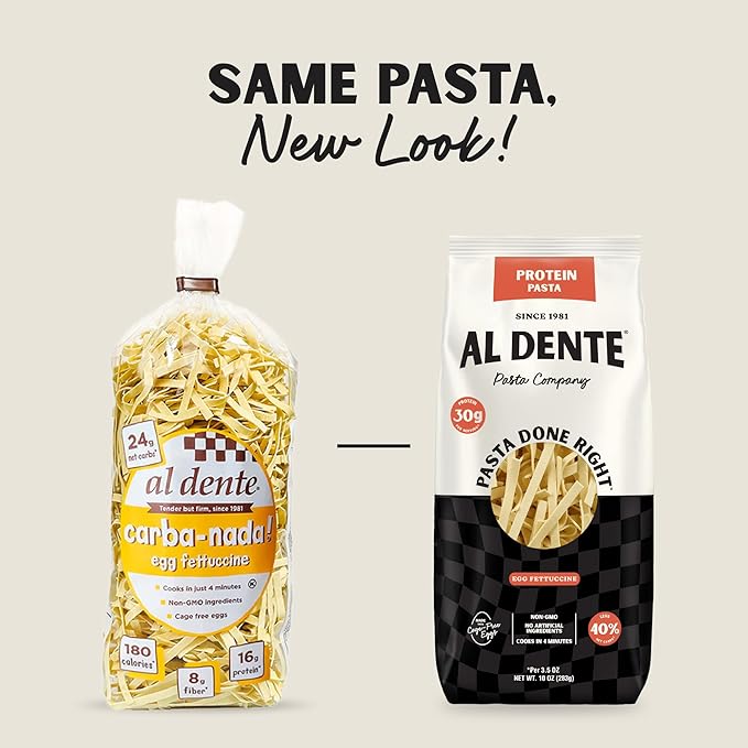 Al Dente Protein Pasta Egg Fettuccine – 30g High Protein, Lower Carb, High Fiber. Artisanal Flavor: Cage-Free Eggs & Semolina. Keto and Point-Based Diet-Friendly. 10oz Bags (Pack of 6)