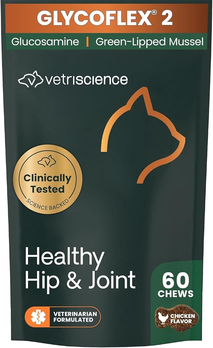 VetriScience Healthy Hip & Joint Chews, GlycoFlex Glucosamine and Green-Lipped Mussel Joint Support Supplement for Cats, Promote Mobility and Protect Joints, Chicken, 60 Count