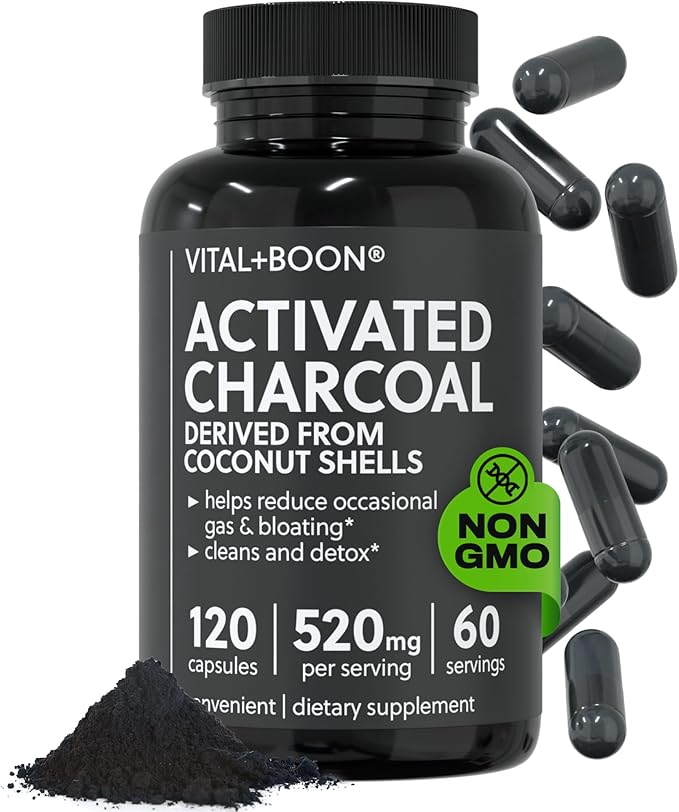 Activated Charcoal Pills – Derived from Coconut Shells – Black Charcoal Binder for Stomach, Gas & Bloating Relief – Gluten Free Vegetarian Active Carbon to Support Detox (120 Capsules)