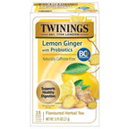 Twinings Lemon & Ginger with Probiotics Flavoured Herbal Tea, Supports Healthy Digestion, Naturally Caffeine-Free, 18 Tea Bags (Pack of 1), Enjoy Hot or Iced, 18 Teabags