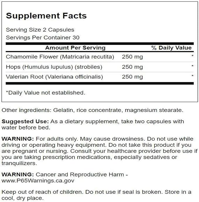 Swanson Valerian, Chamomile & Hops - Full Spectrum Herbal Supplement Promoting Relaxation & Comfort - Natural Formula Supporting Mind & Body Wellness - (60 Capsules)