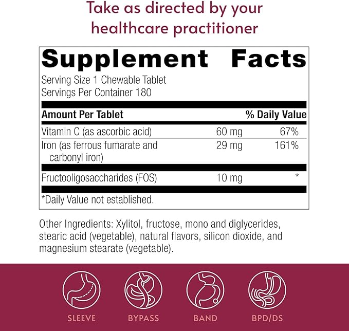 Bariatric Advantage Chewable Iron 29 mg - for Bariatric Surgery Patients - Iron with Vitamin C - No Iron Taste - Ferrous Fumarate & Carbonyl Iron Supplement - Passion Fruit - 180 Count