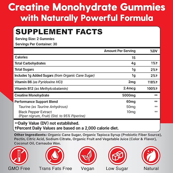 Creatine Monohydrate Gummies for Men & Women - Creatine Pre-Workout Gummies with Taurine & Vitamin B6 B12 for Maximum Strength, Muscle, Energy, Endurance & Focus, Organic, Vegan-60 Count