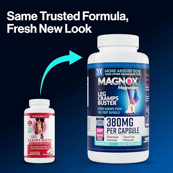 MAGNOX® Buster | Patented Clinically Tested 380mg Magnesium Supplement for Spasms & Leg Cramps at Night | One Capsule a Day for Almost Full Dosage | 3X More Absorption | Dead Sea Minerals (120 Caps)