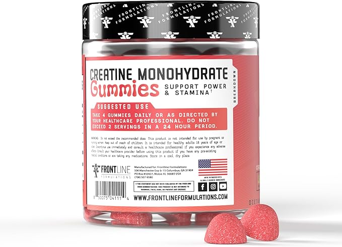 Creatine Monohydrate Gummies, 5g Creatine per Serving, Sugar-Free Creatine Supplement for Strength, Lean Muscle & Cognitive Support, Sour Strawberry, 120 Gummies