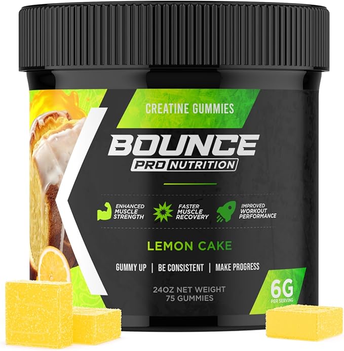 Bounce Pro Creatine Monohydrate Gummies for Men & Women, Low Calorie, 6G of Creatine per Serving, Vegan, Anti-Melting, Gluten-Free, Non-GMO (75 Count (Pack of 1), Lemon Cake)