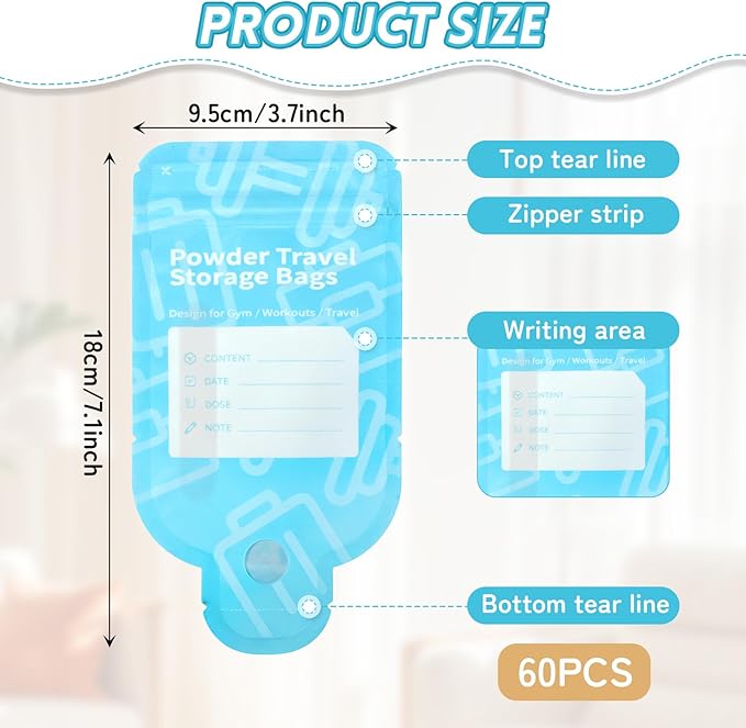 Protein Powder Travel Container Bags, 60Pcs Leakproof Bottle-Shaped Disposable Powder Travel Storage Bags for Gym, Workouts, Outdoor | Mess-Free Supplement Storage Solution (60)