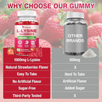 L-Lysine 1000mg Gummies, Chewable Lysine Supplement for Lips & Skin, Immune Support, Essential Amino Acid, Non-GMO, Vegan, Gluten Free, Sugar-Free, Strawberry Flavor, 60 Count