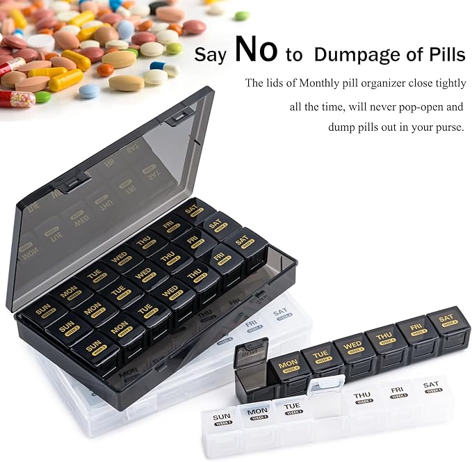 Monthly Pill Organizer, 28 Day Pill Box 1 Time a Day with Dust-Proof Case, Large 4 Weeks a Month Pill Case Container, Daily Vitamin Case Box for Pills/Medicine/Fish Oil/Supplements（Black）
