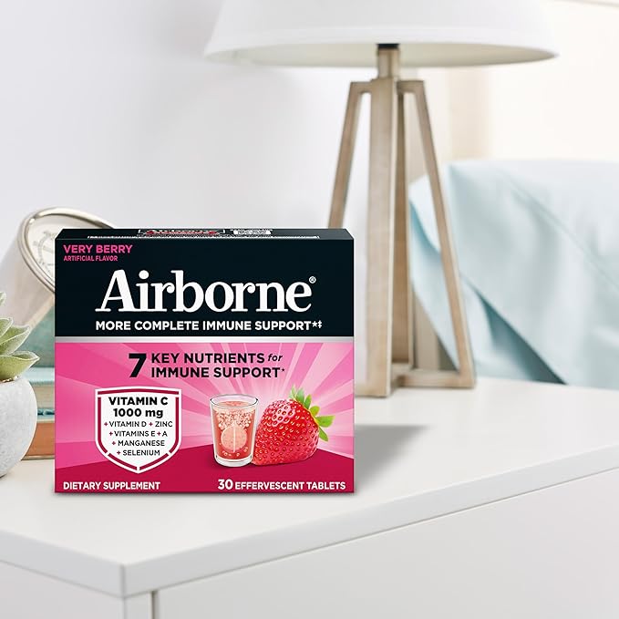 Airborne 1000mg Vitamin C with Vitamin D & Zinc, Sugar Free Multivitamin Immune Support Supplement, Antioxidants Vitamins A C & Vitamin E, 30 Effervescent Tablets, Very Berry Flavor