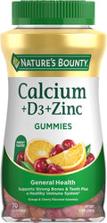 Nature's Bounty Calcium + D3 + Zinc Gummies, Supports Strong Bones & Teeth Plus a Healthy Immune System, 500mg, Orange and Cherry Flavored, 70 Gummies
