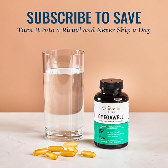 Live Conscious OmegaWell Omega 3 Fish Oil - 2000mg Capsules: Heart, Brain, & Joint Support - 800 mg EPA 600 mg DHA - Sustainably Sourced - Softgels - 30 Day Supply