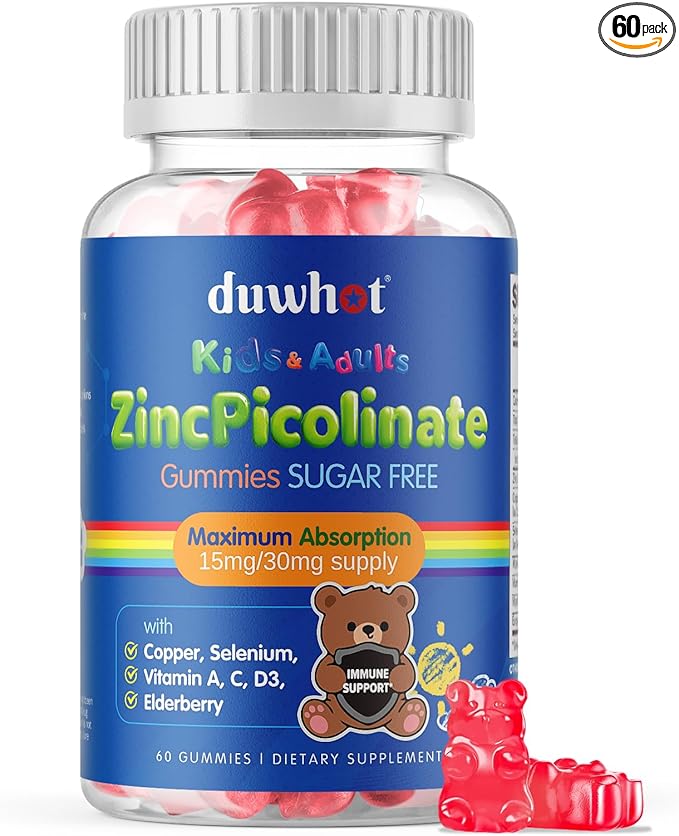 Zinc for Kids Supplements, Zinc Picolinate 30mg Gummies with Copper, High Absorption Form, with Selenium, Elderberry, for Kids Teens Growth, Skin & Immune Health, Sugar Free, 60 Gummies