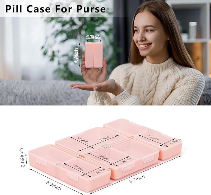 FYY Daily Pill Organizer,2 Pcs 7 Compartments Portable Pill Case Travel Pill Organizer,[Folding Design] Pill Box for Purse Pocket to Hold Vitamins,Cod Liver Oil,Supplements and Medication-Pink+Navy