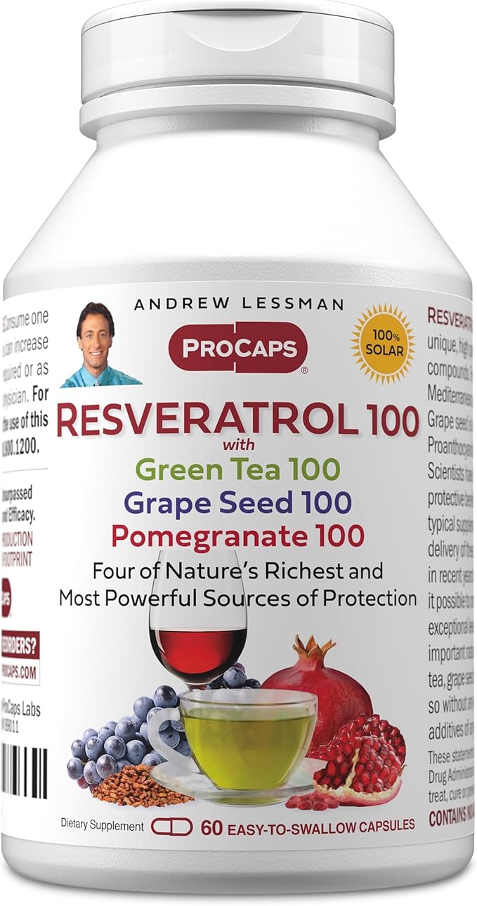 ANDREW LESSMAN Resveratrol-100 with Green Tea 100 Grape Seed 100 Pomegranate 100mg - 60 Capsules - Four Powerful, Protective Anti-oxidants.