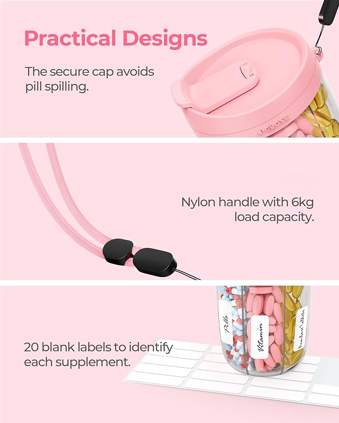AMOOS Large Pill Dispenser with 6 Compartments, Anti-Mix Pill Bottle Organizer with Wide Opening & Easy Retrieval, Vitamin Organizer for Travel, BPA-Free Pill Box with a Strap, Pink