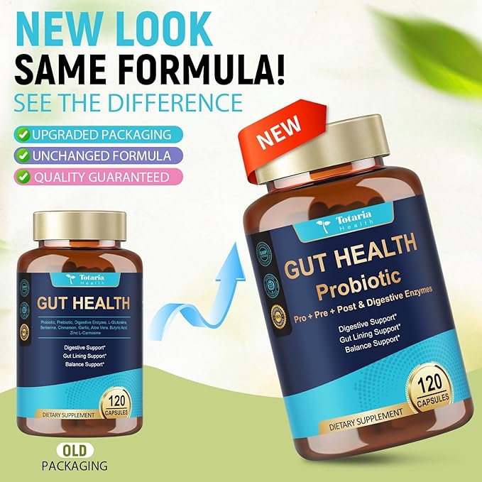 Totaria 14-in-1 Gut Health Supplement with Probiotics, Prebiotics, Postbiotics & Digestive Enzymes for Women & Men, 60 Billion CFU Probiotics for Gut and Digestion, Strong Immunity, Skin (2 Pack)
